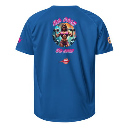 Royal blue unisex sports jersey, back graphic with text and face