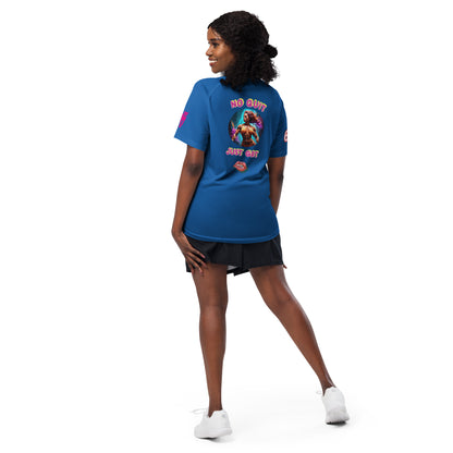 Royal blue unisex sports jersey T-shirt, back print "NO QUIT JUST GRIT".