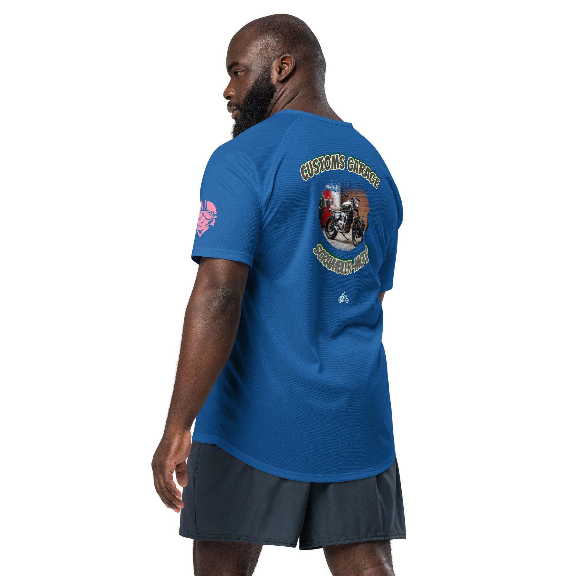 Scrambler#1 T-Shirt, Royalblau, Rückenprint „Customs Garage“