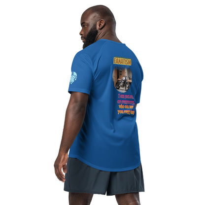 Scrambler#2 T-shirt in blue with back graphic print FANATISM and colorful slogan.