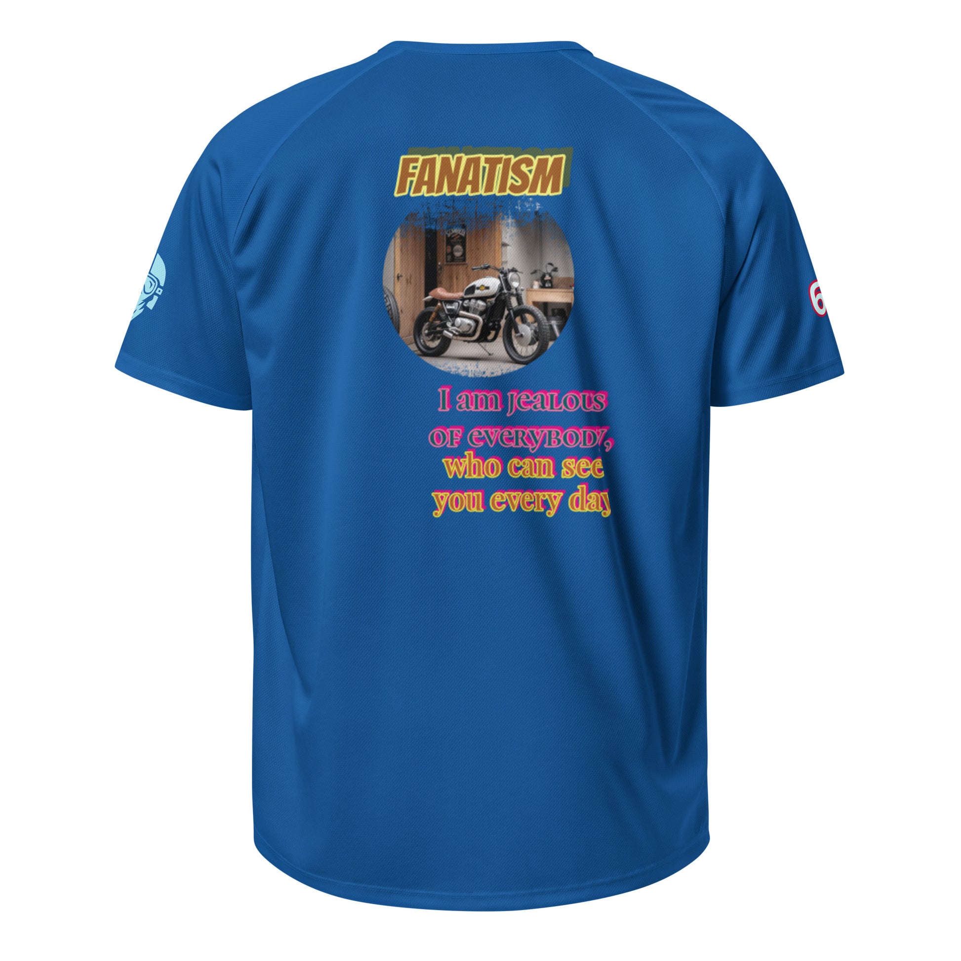 Blue performance T-shirt back print: FANATISM and quote text graphic