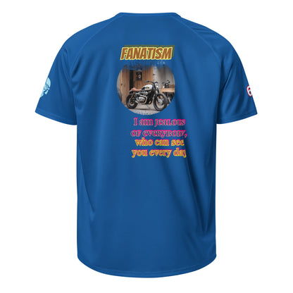 Blue performance T-shirt back print: FANATISM and quote text graphic