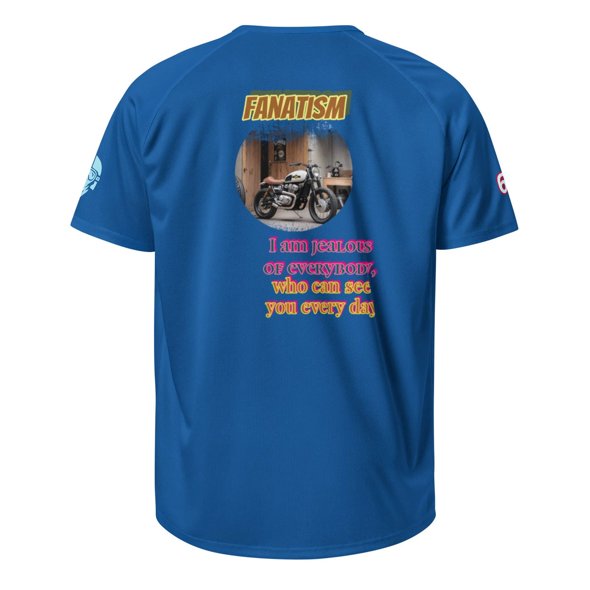 Blue performance T-shirt back print: FANATISM and quote text graphic