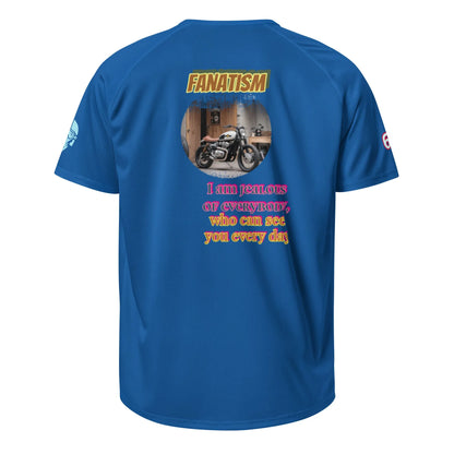 Blue performance T-shirt back print: FANATISM and quote text graphic