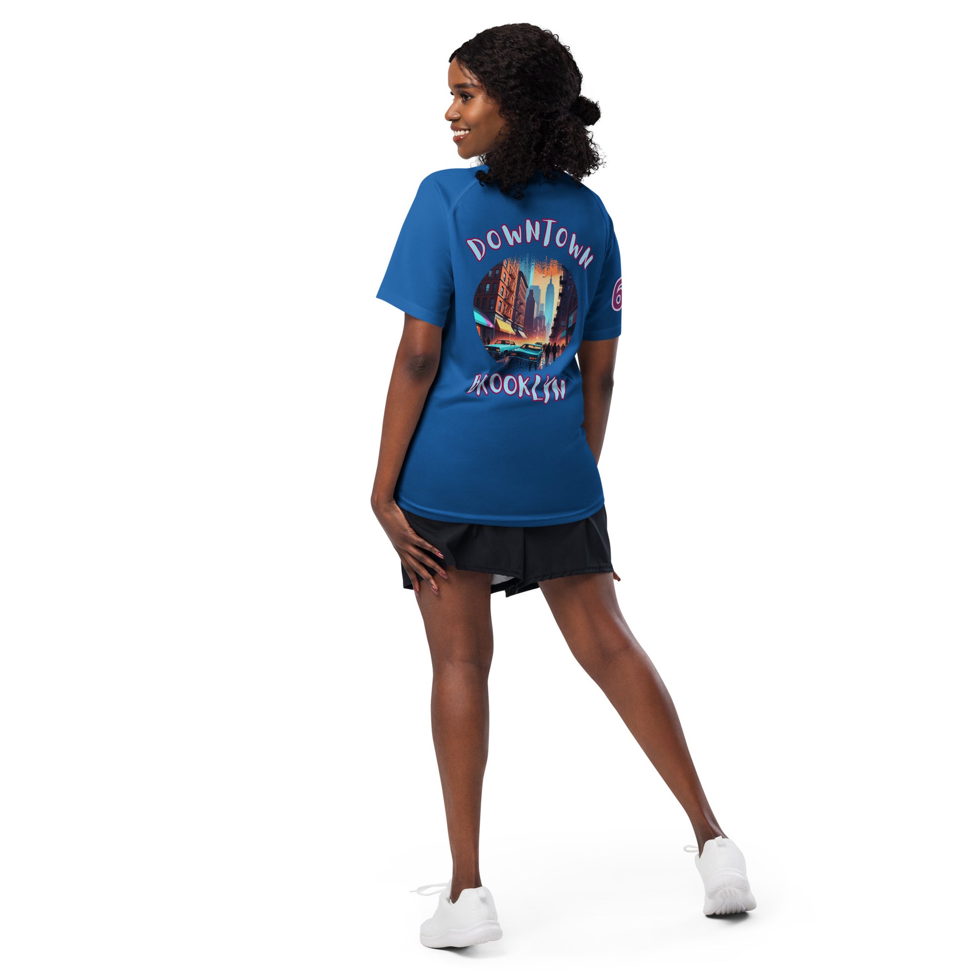 AW Brklyn sports jersey in royal blue, back graphic print with city scene and text