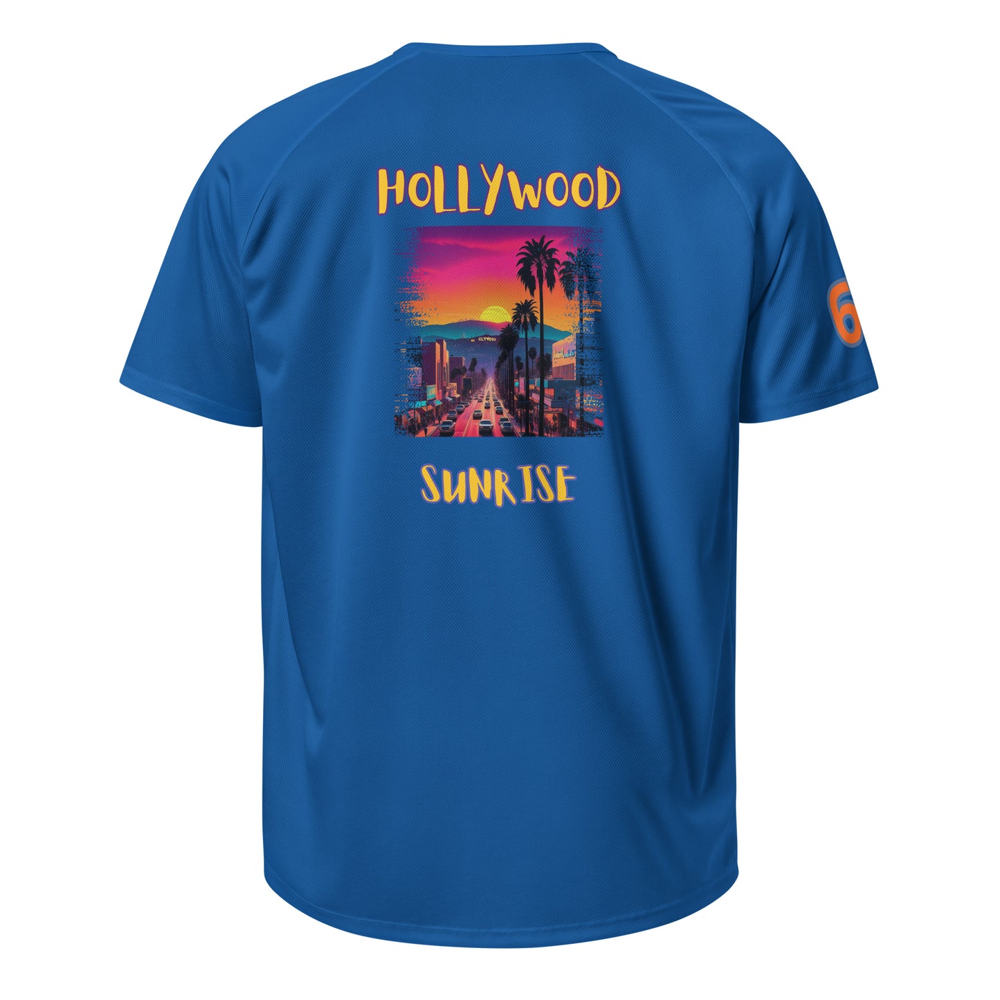 AW Hllywood sports jersey in Royal Blue, back graphic “HOLLYwood SUNRISE”