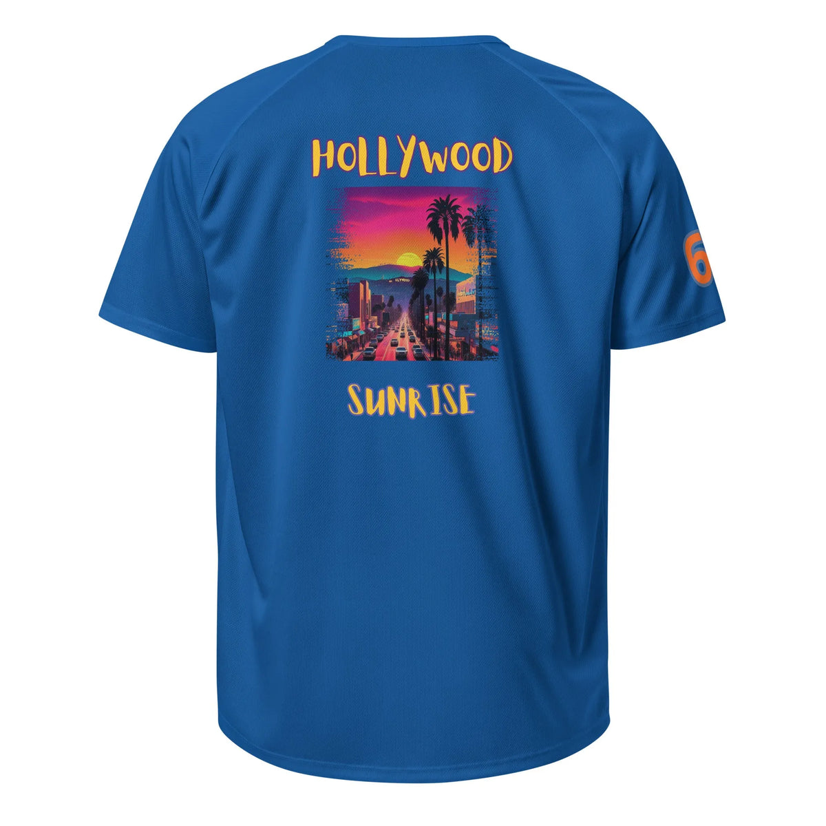 AW Hllywood sports jersey in Royal Blue, back graphic “HOLLYwood SUNRISE”