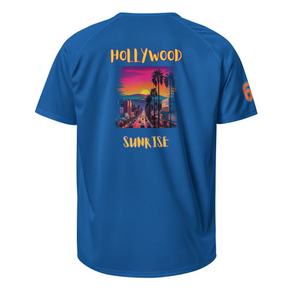 AW Hllywood sports jersey in Royal Blue, back graphic “HOLLYwood SUNRISE”