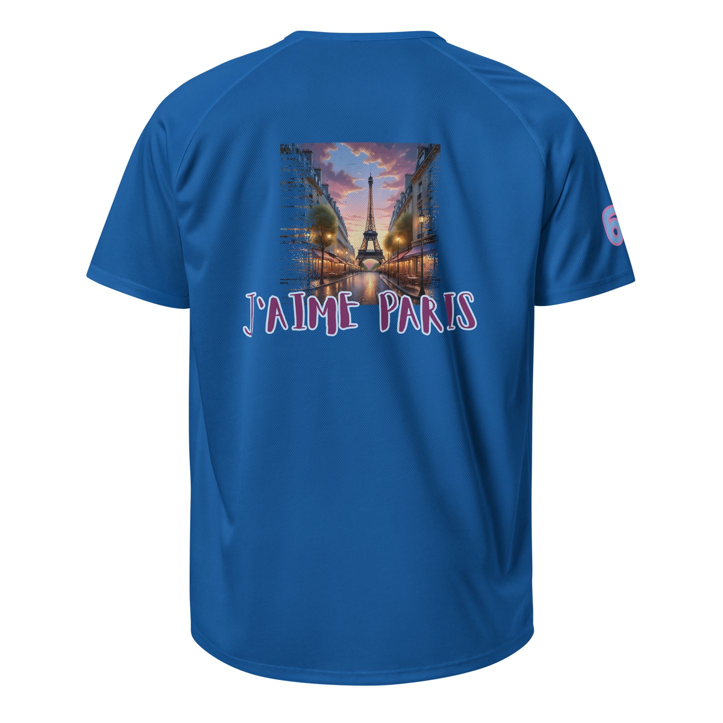 Sports jersey, blue, back graphic with Eiffel Tower and “J’aime Paris” text.