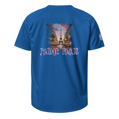 Sports jersey, blue, back graphic with Eiffel Tower and “J’aime Paris” text.