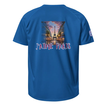 Sports jersey, blue, back graphic with Eiffel Tower and “J’aime Paris” text.