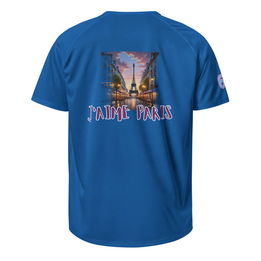 Sports jersey, blue, back graphic with Eiffel Tower and “J’aime Paris” text.