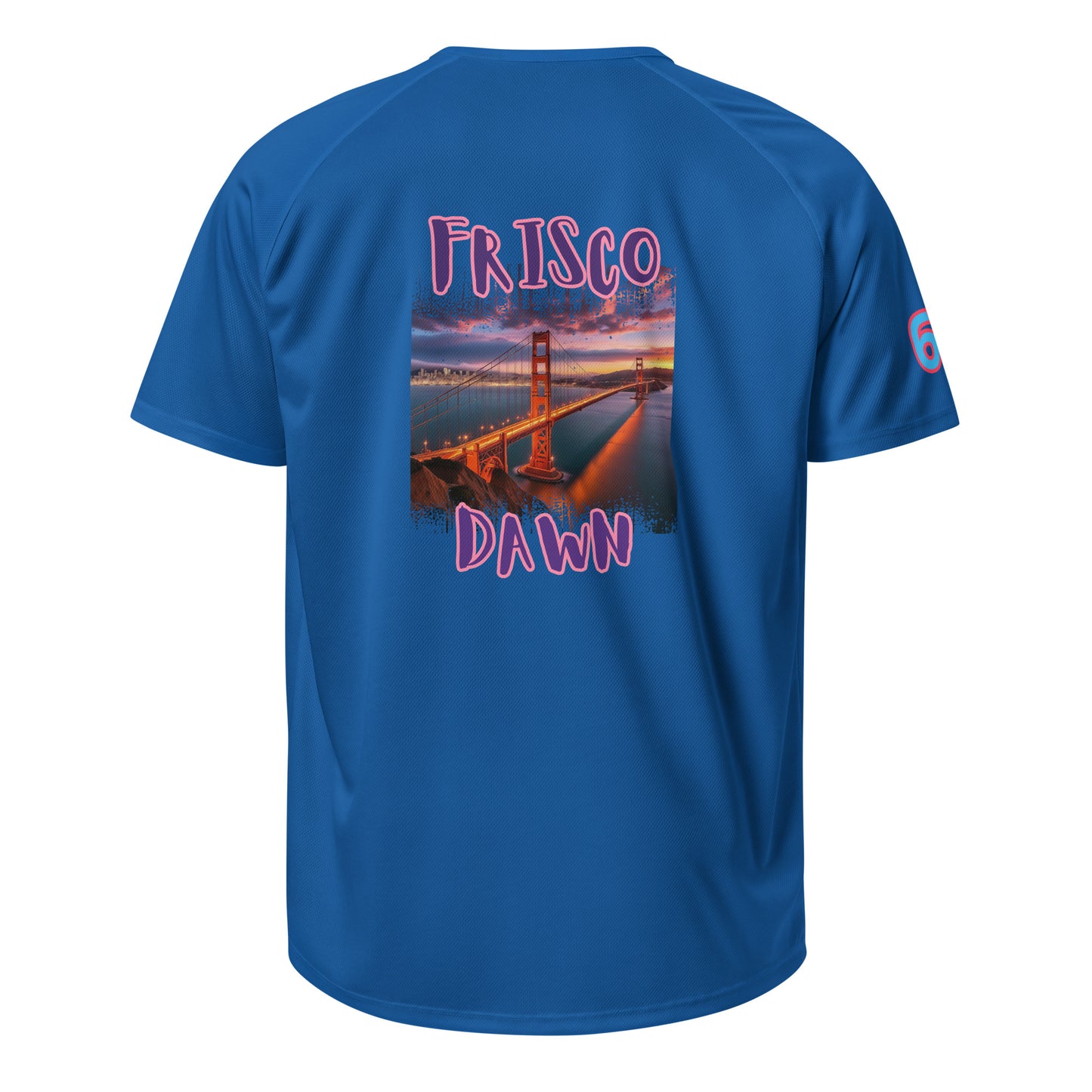 Royal blue sports jersey back with large “FRISCO DAWN” graphic and number patch