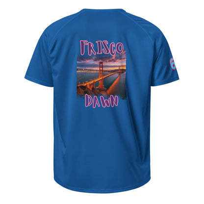 Royal blue sports jersey back with large “FRISCO DAWN” graphic and number patch