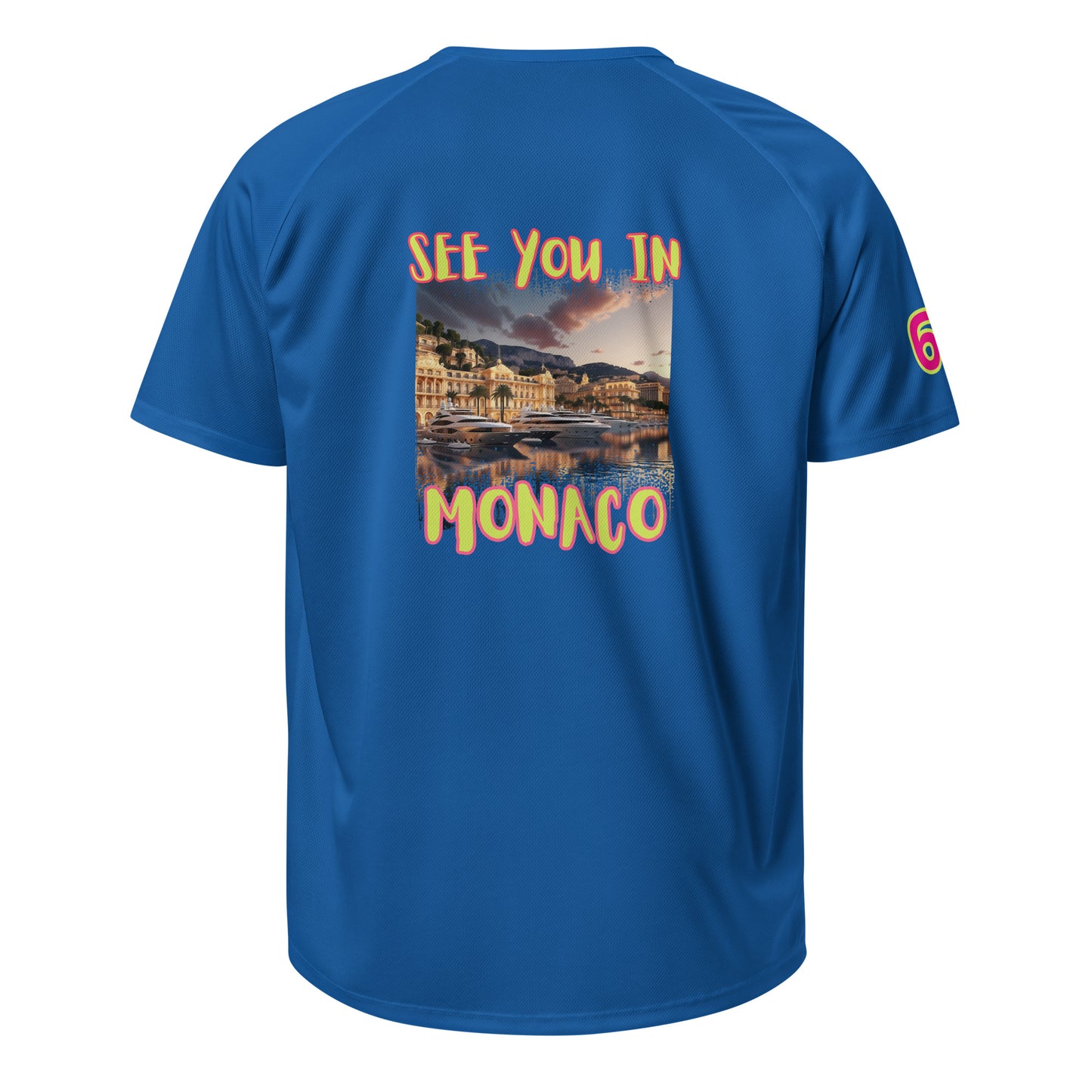 AW Monaco sports jersey in royal blue, back print “See you in Monaco” and “6” sleeve detail.