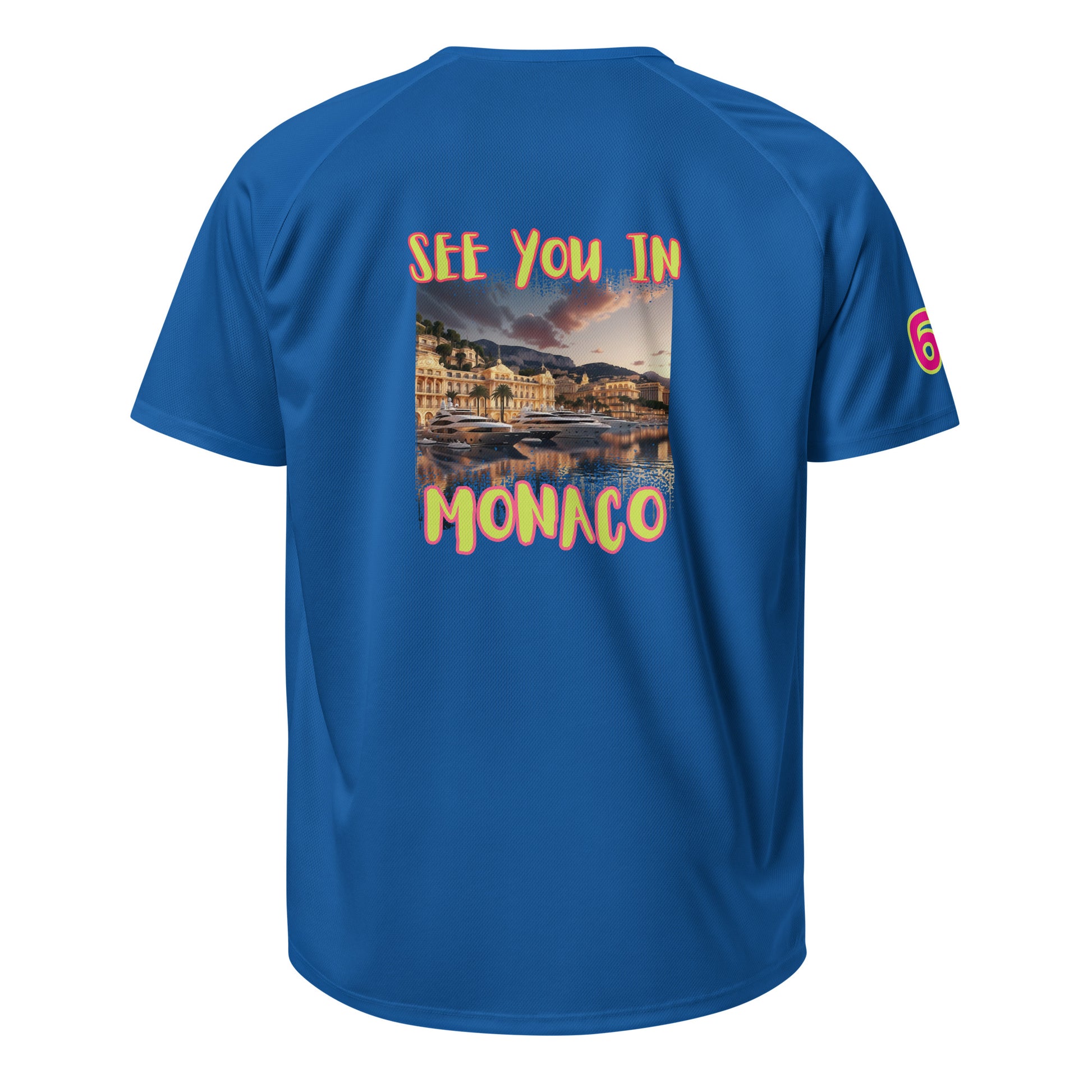 AW Monaco sports jersey in royal blue, back print “See you in Monaco” and “6” sleeve detail.