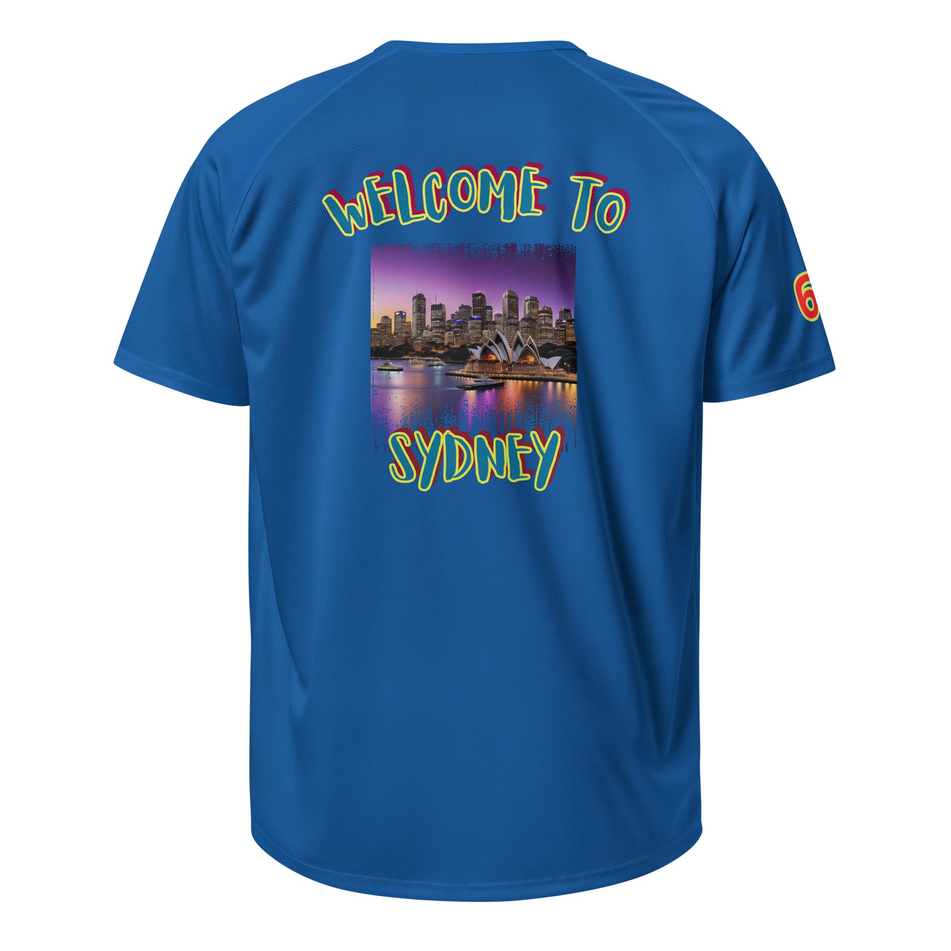AW Sydney sports jersey in royal blue, back with “WELCOME TO SYDNEY” graphic and 6