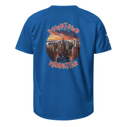 Blue sports jersey, back view with “Downtown Manhattan” city graphic