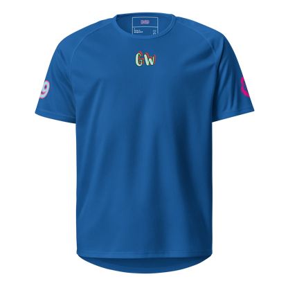 Royal blue sports jersey front with “Gw” logo and small sleeve prints