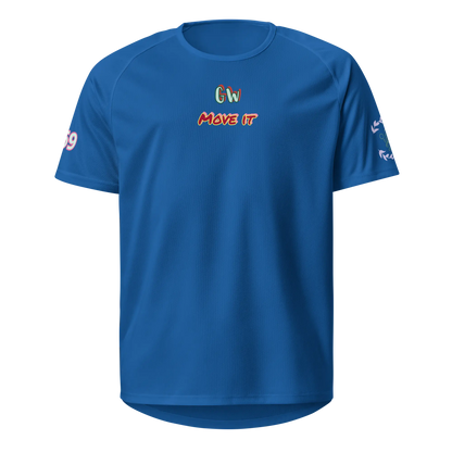 Blue sports jersey, front view, chest logo and text