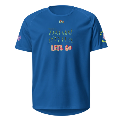 Unisex sports jersey, royal blue; front graphic with “LET’S GO”