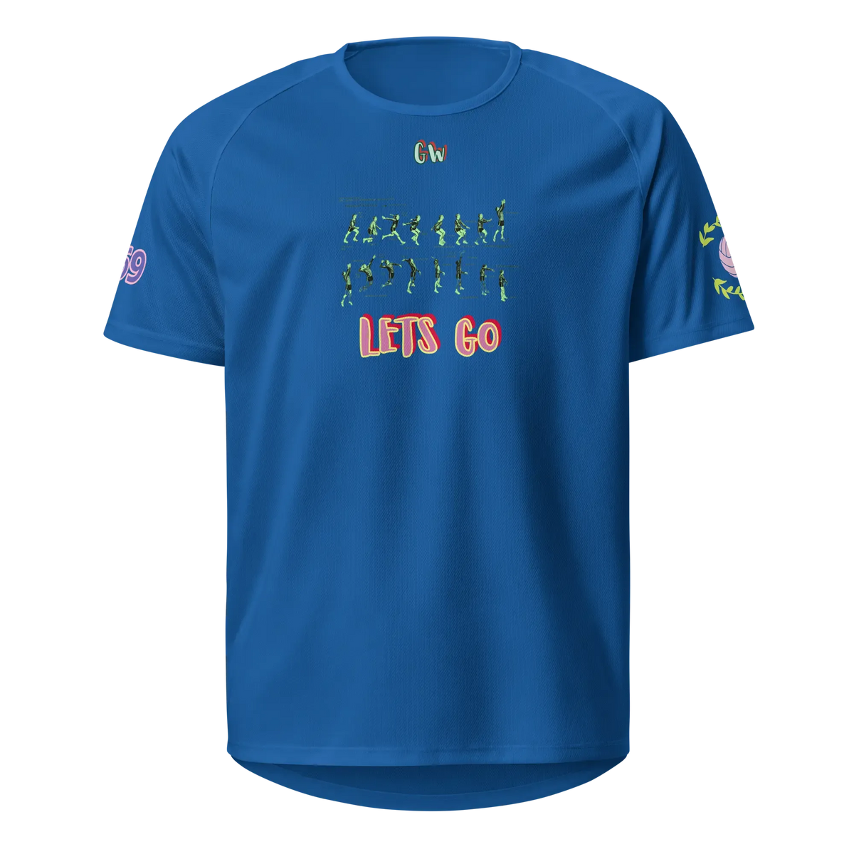 Unisex sports jersey, royal blue; front graphic with “LET’S GO”