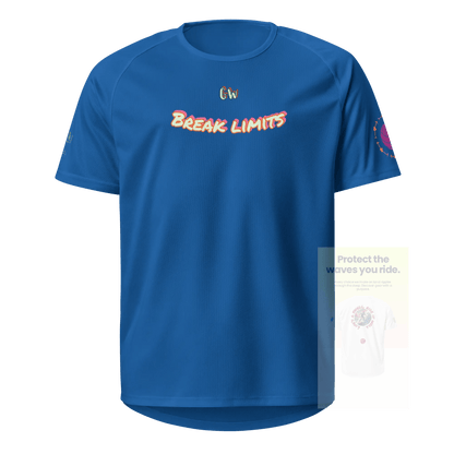 Unisex sports jersey (royalblau) vorne mit „BREAK LIMITS“-Schriftzug und Logo