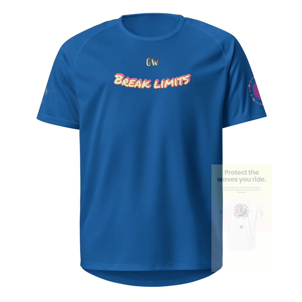 Unisex sports jersey (royalblau) vorne mit „BREAK LIMITS“-Schriftzug und Logo