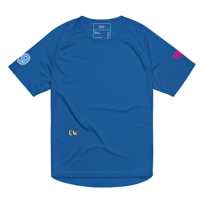 Unisex sports jersey, royal blue, solid front with small sleeve icons and chest logo