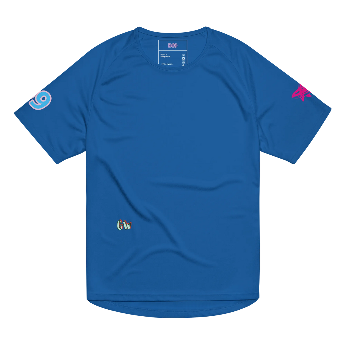 Unisex sports jersey, royal blue, solid front with small sleeve icons and chest logo