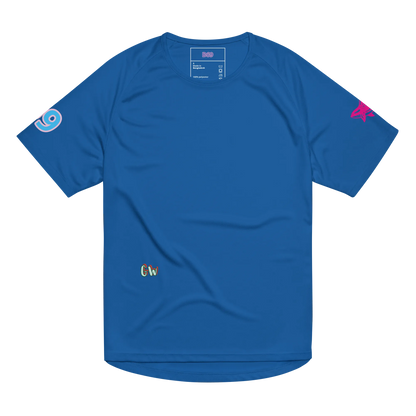 Unisex sports jersey, royal blue, solid front with small sleeve icons and chest logo