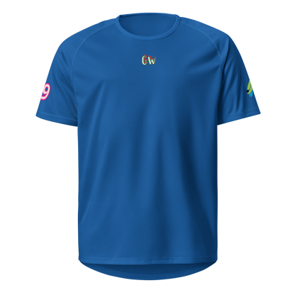 Royal blue sports jersey, front view with small chest logo and side sleeve print