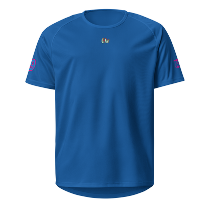 Blue sports jersey, front view with small “Gw” logo on chest