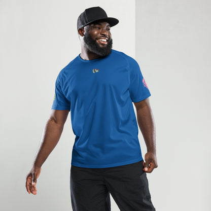 Scrambler#1 T-shirt in royal blue with chest logo and side sleeve patch