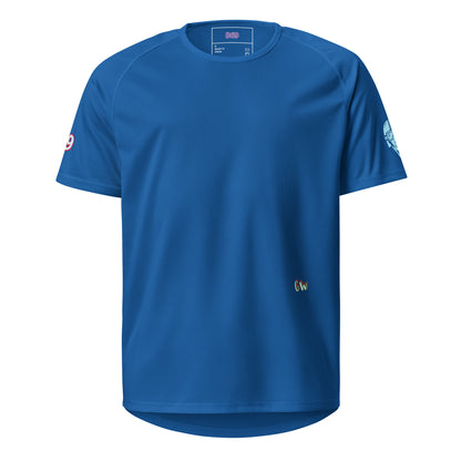 Blue performance T-shirt front view with CW chest mark and side sleeve graphic
