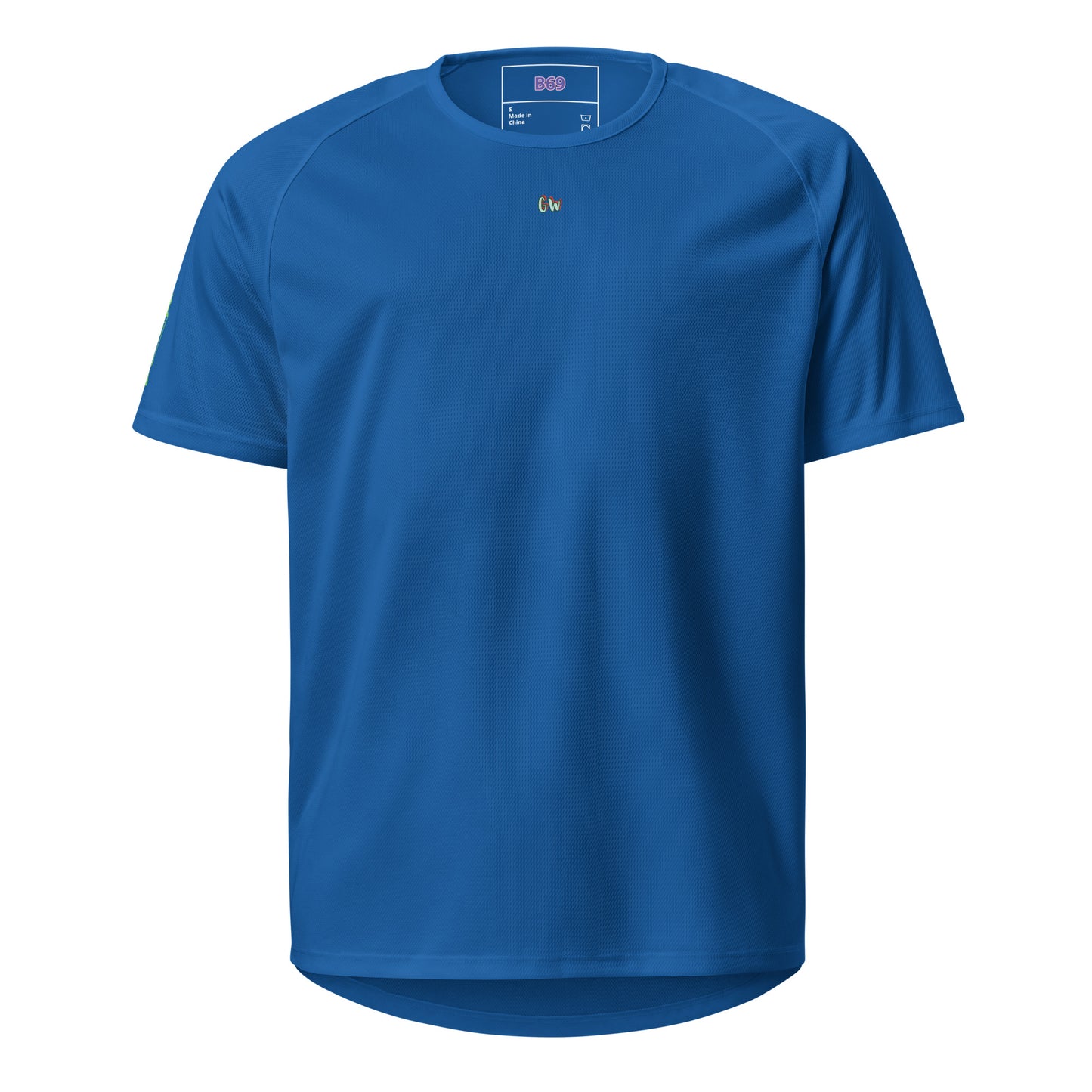 Royal blue sports jersey, front view with small “cw” logo on chest