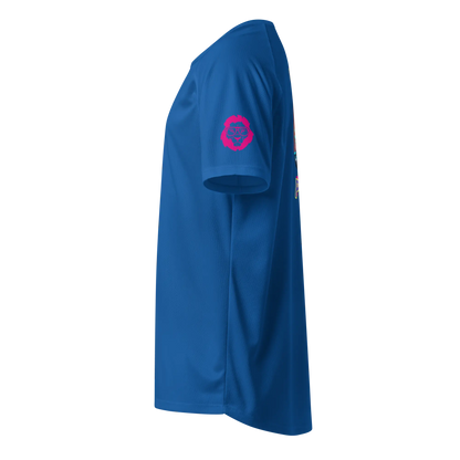 Royal blue sports jersey side view with pink lion head logo on sleeve