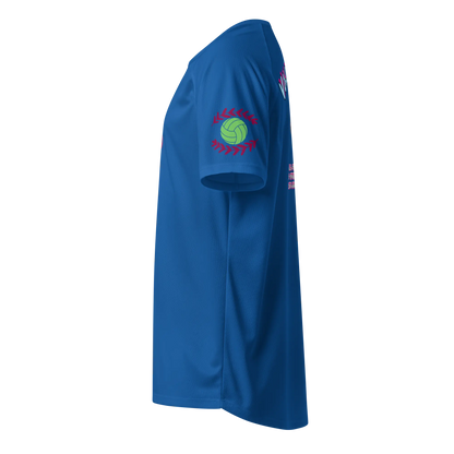 Blaues Sporttrikot mit Ball-Logo auf dem Ärmel, seitliche Ansicht