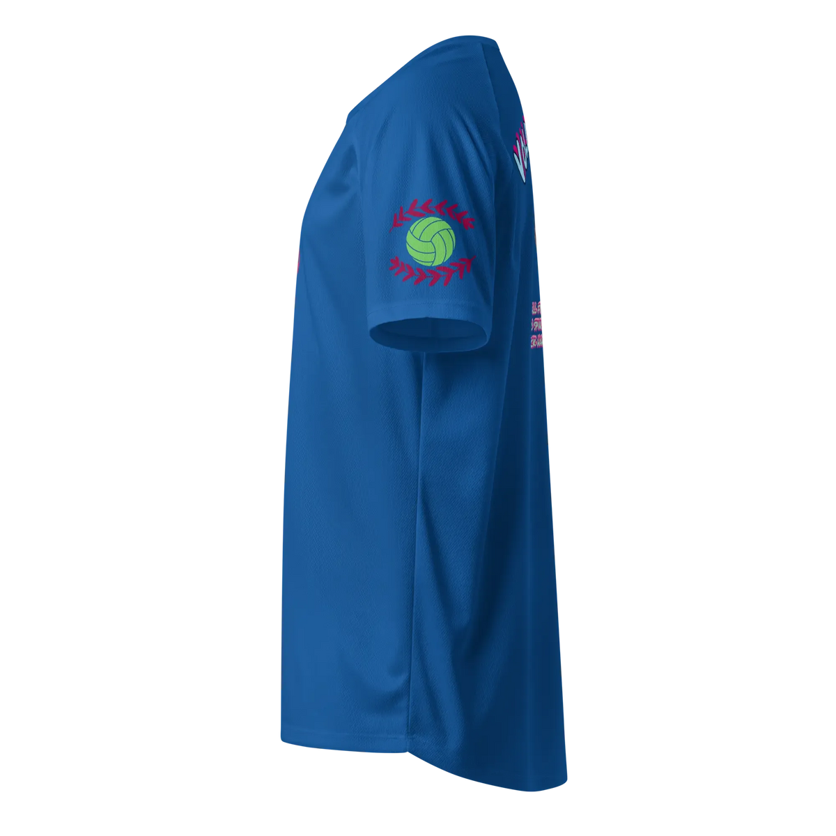 Blaues Sporttrikot mit Ball-Logo auf dem Ärmel, seitliche Ansicht