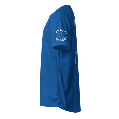 Blue sports jersey, side view, small white laurel-style logo on sleeve