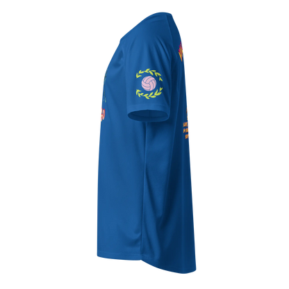 Unisex sports jersey, royal blue; side view with laurel basketball sleeve logo