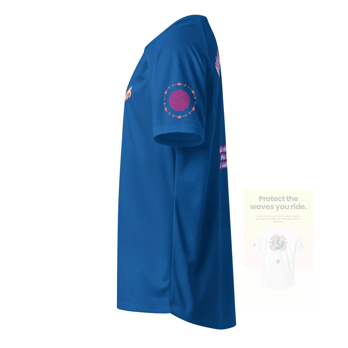 Unisex sports jersey (royalblau), seitliche Ansicht mit Volleyball-Design auf dem Ärmel