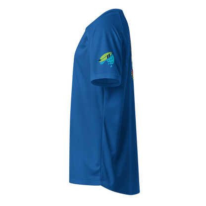 Royal blue sports jersey, side view with small surf logo on chest