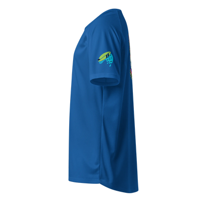 Royal blue sports jersey, side view with small surf logo on chest