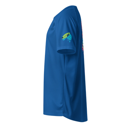 Sport-Jersey, blau, Seitenansicht mit Surfer-Logo auf dem Ärmel