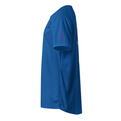 Royal blue sports jersey, side view with small surf emblem