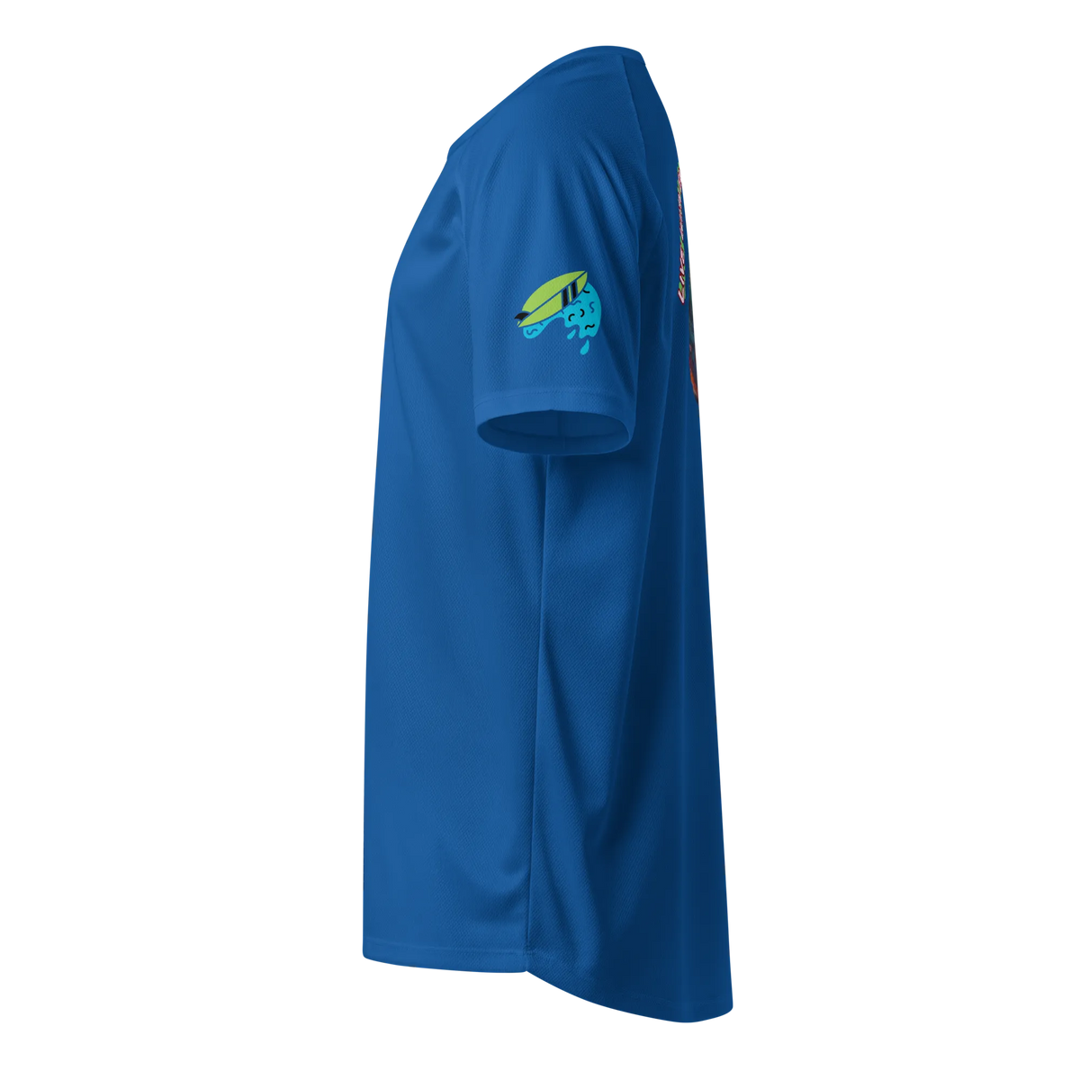 Royal blue sports jersey, side view with colorful wave patch on upper sleeve