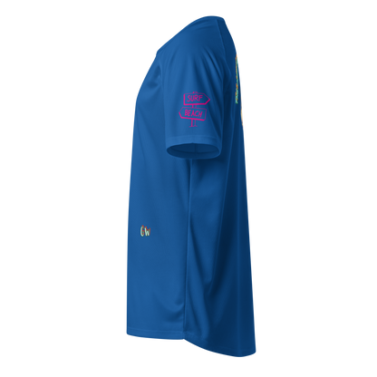 Royal blue sports jersey, side view with “SURF / BEACH” logo near shoulder