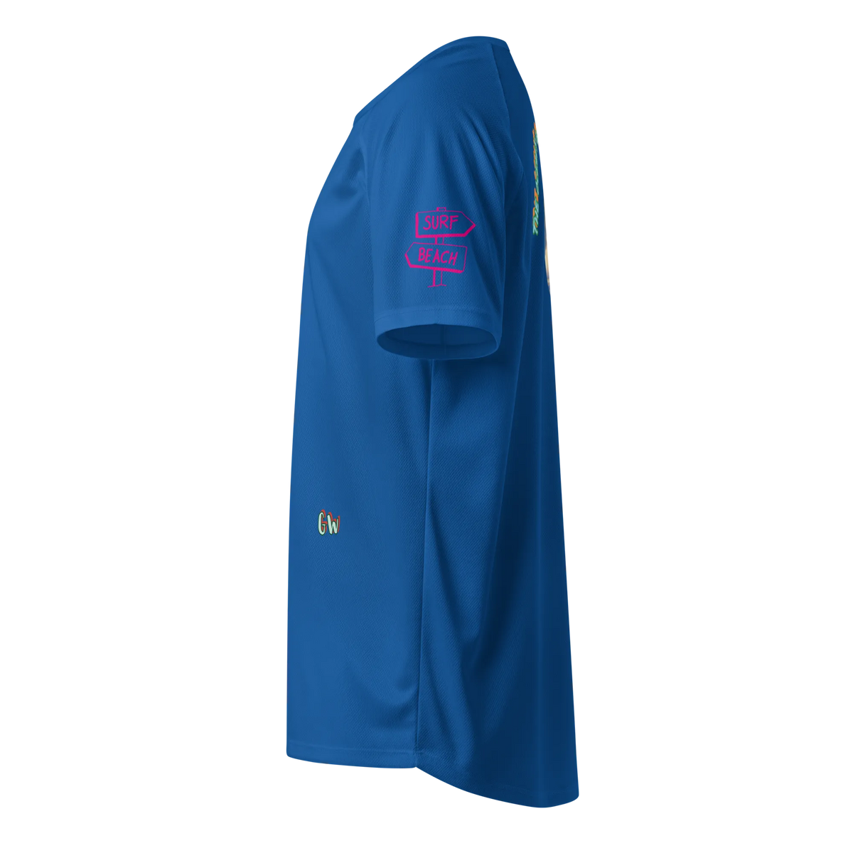 Royal blue sports jersey, side view with “SURF / BEACH” logo near shoulder