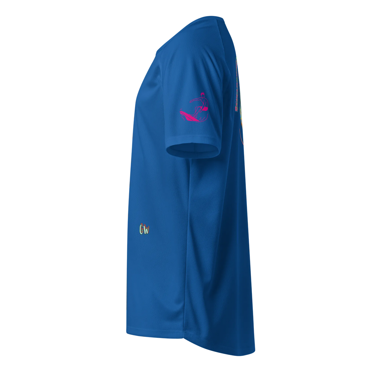 Blue sports jersey side view with small surfer icon and Gv mark